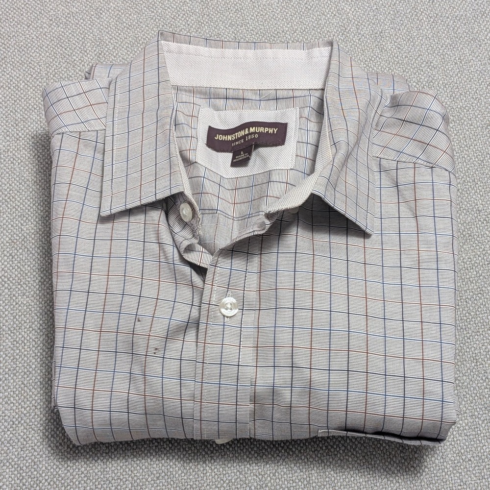 JOHNSTON & MURPHY Men's Dress Shirt Gray Plaid L 100% Cotton Long Sleeve